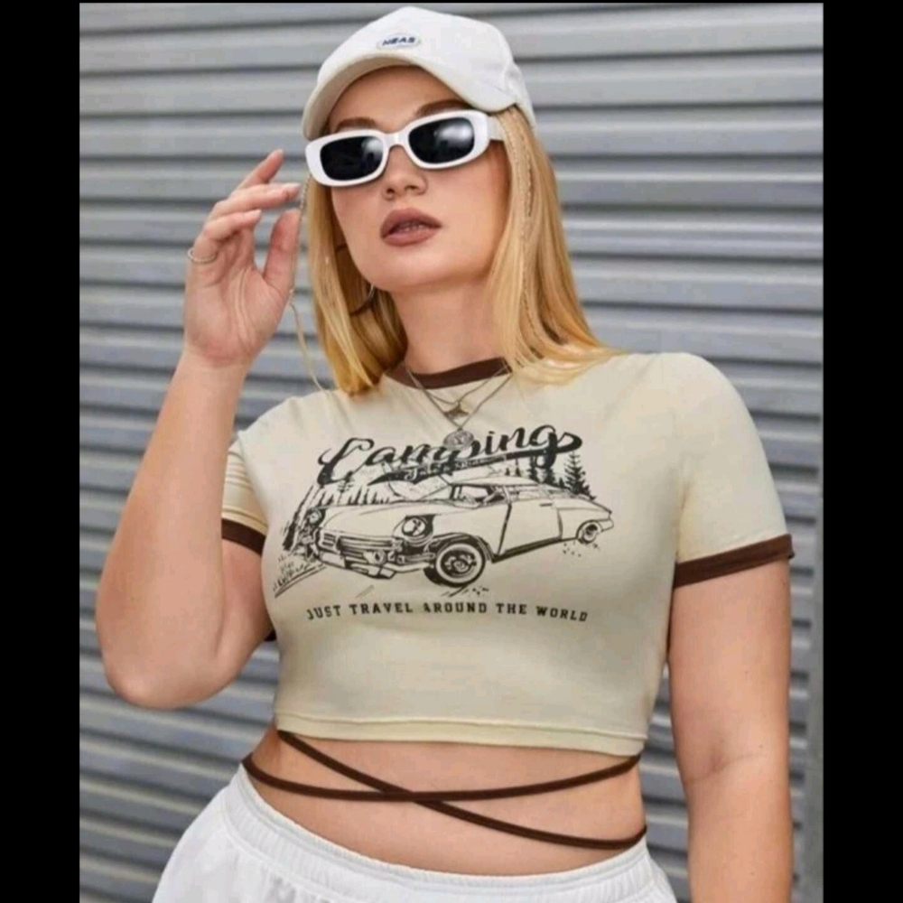 Shein 4x Camping Graphic Crop Top - Cream